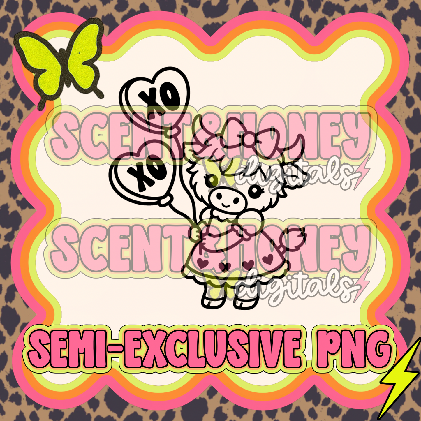 **SEMI-EXCLUSIVE** Highland Cow with XO Balloons PNG