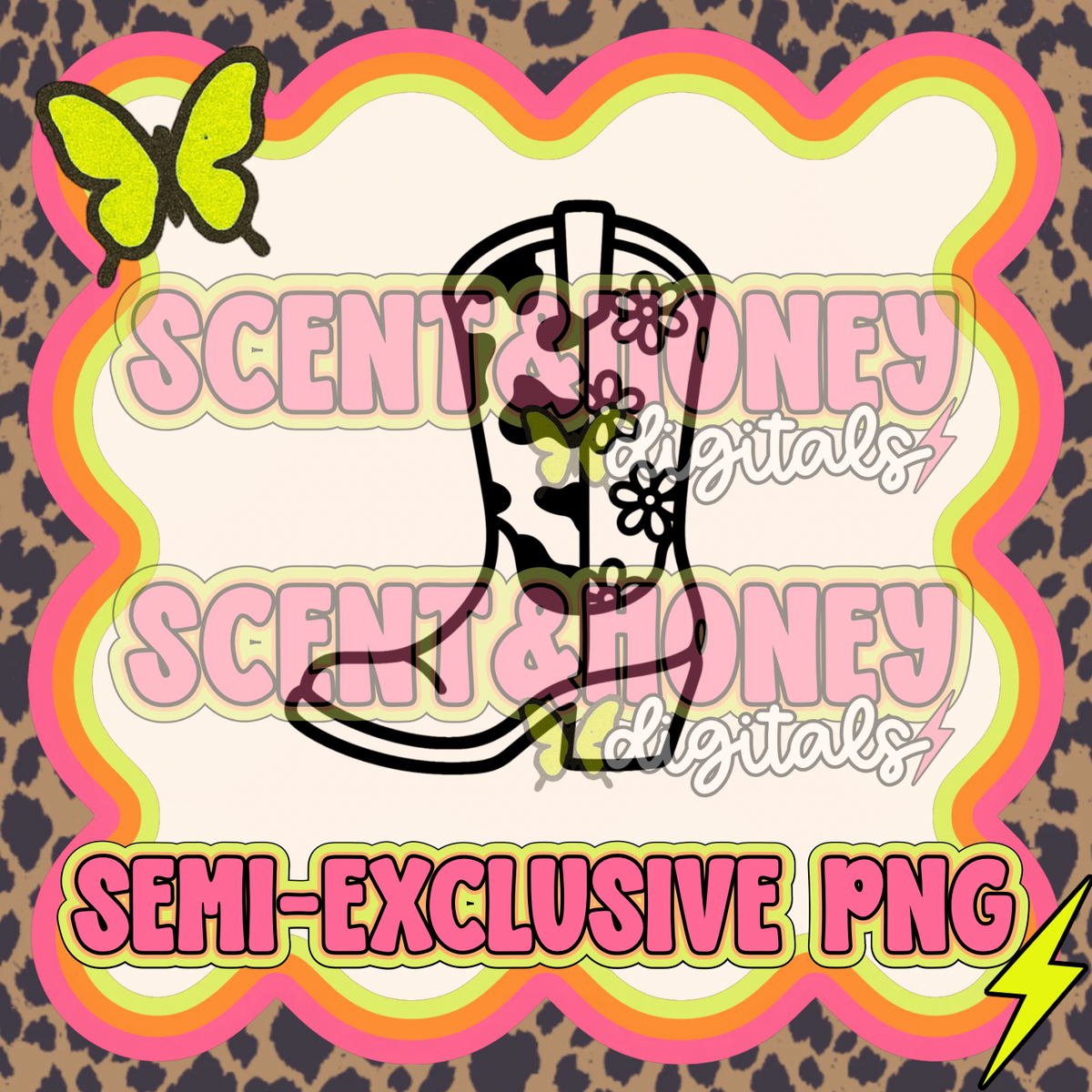 **SEMI-EXCLUSIVE** Cowgirl Boot (Cow Print & Floral) PNG