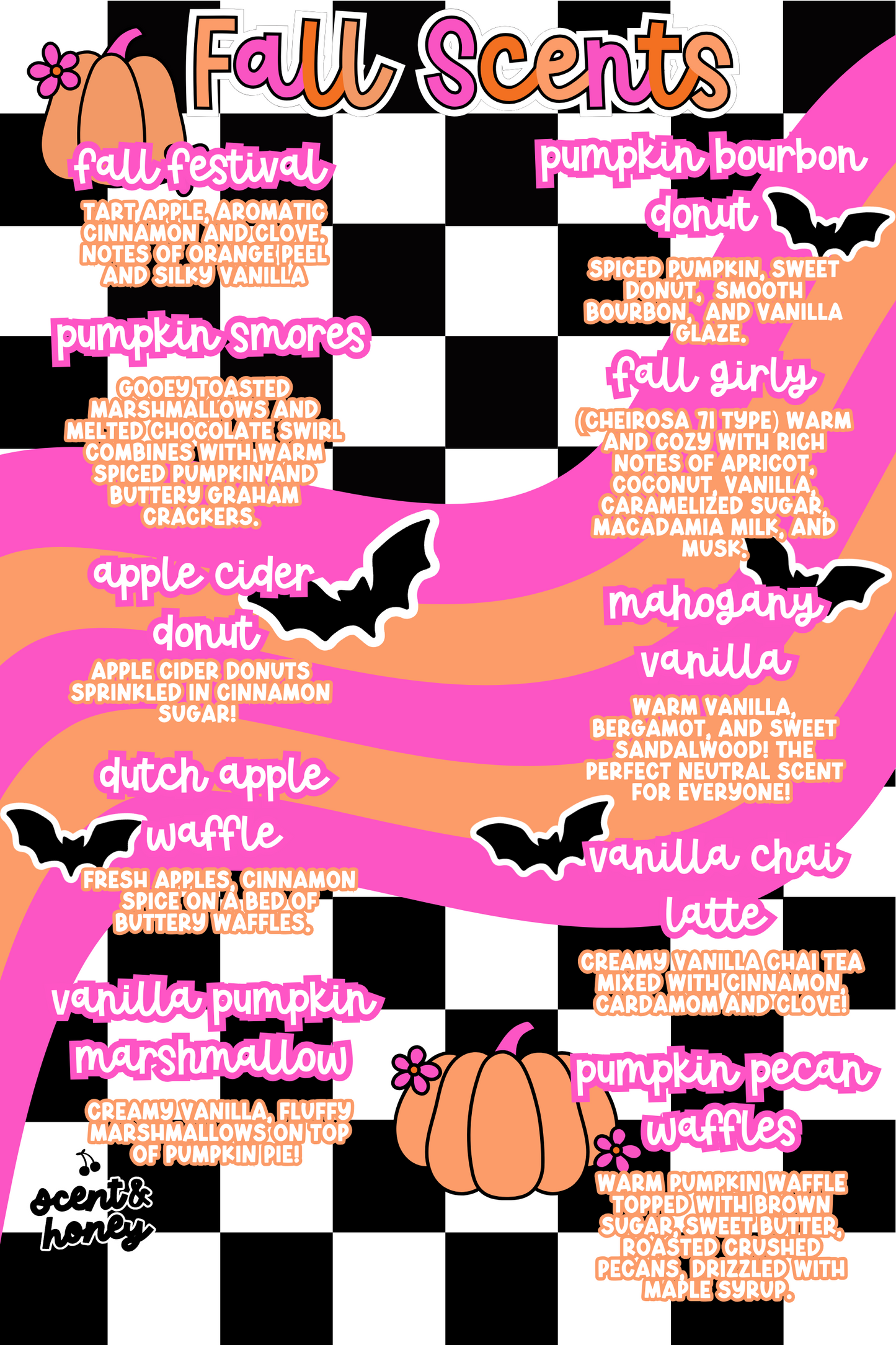 The image is a colorful and vibrant fall-themed menu featuring various fall scents and flavors, including pumpkin-bourbon, donut, pumpkin-sorbet, apple cider, and more.