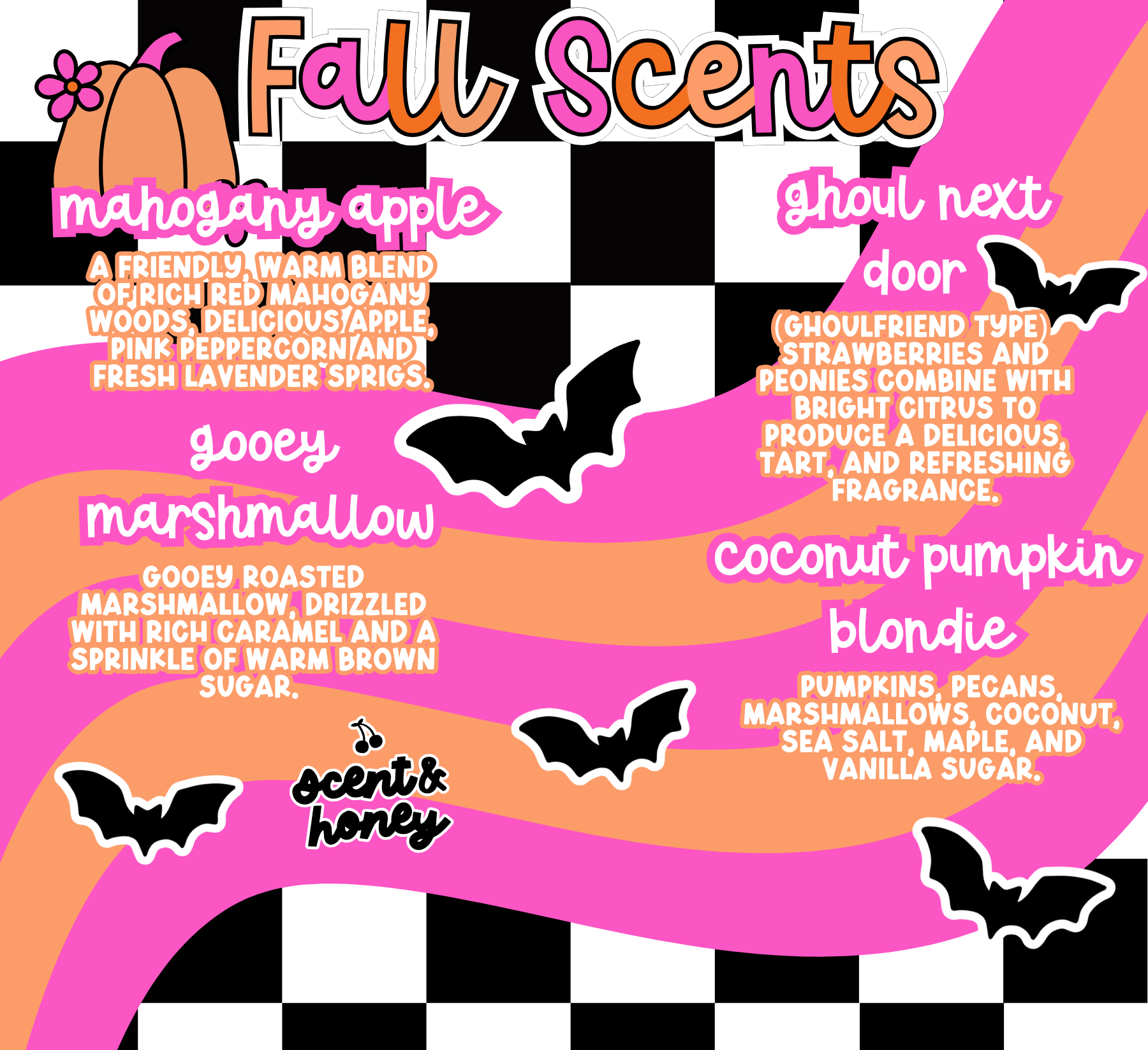 The image is a colorful poster featuring fall scents, including mahogany apple, ghost next door, gooey marshmallow, coconut pumpkin blonde, and gooey roasted marshmallow with rich caramel and a sprinkle of vanilla brown sugar.