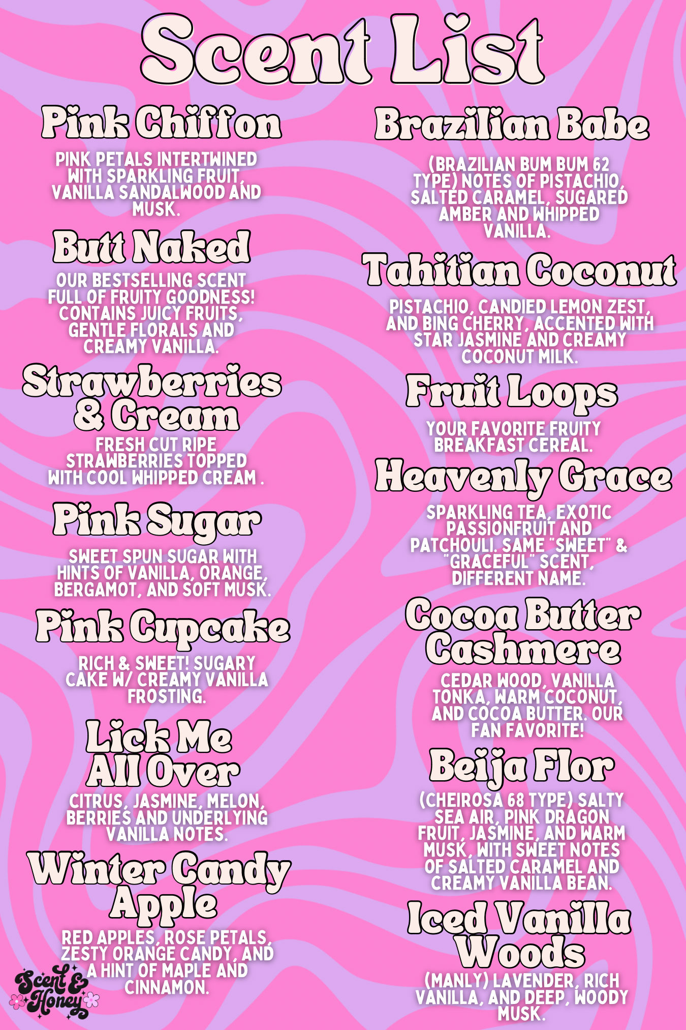 a pink poster with a bunch of words on it