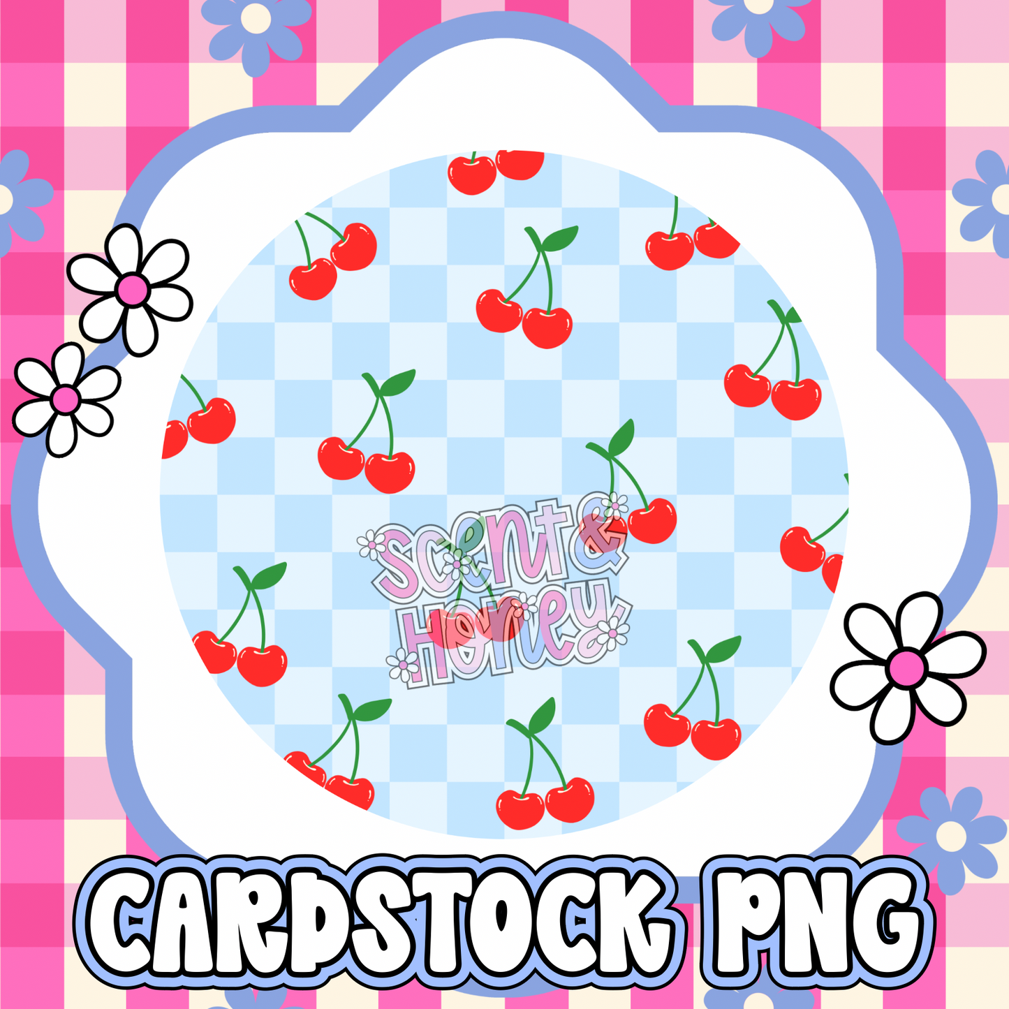 Blue Checkered Cherries Cardstock PNG