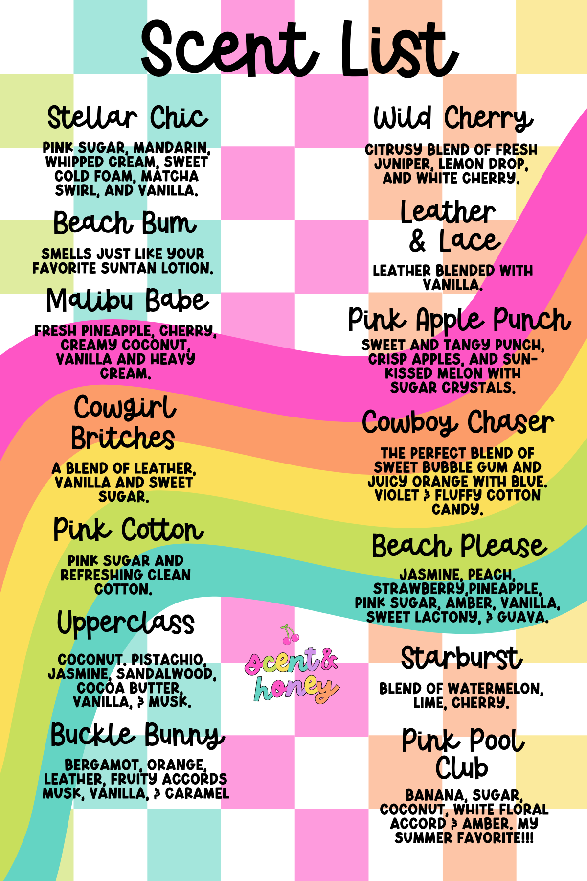 The image is a scent list featuring various scents, including "Stellar Chic", "Wild Cherry", "Beach Bum", "Leather & Lace", "Maliubase", "Cowsgirl Britches", "Pink Cotton", "Upperclass", "Stargust", "Buckle Bunny", and "Pink Pool Club".