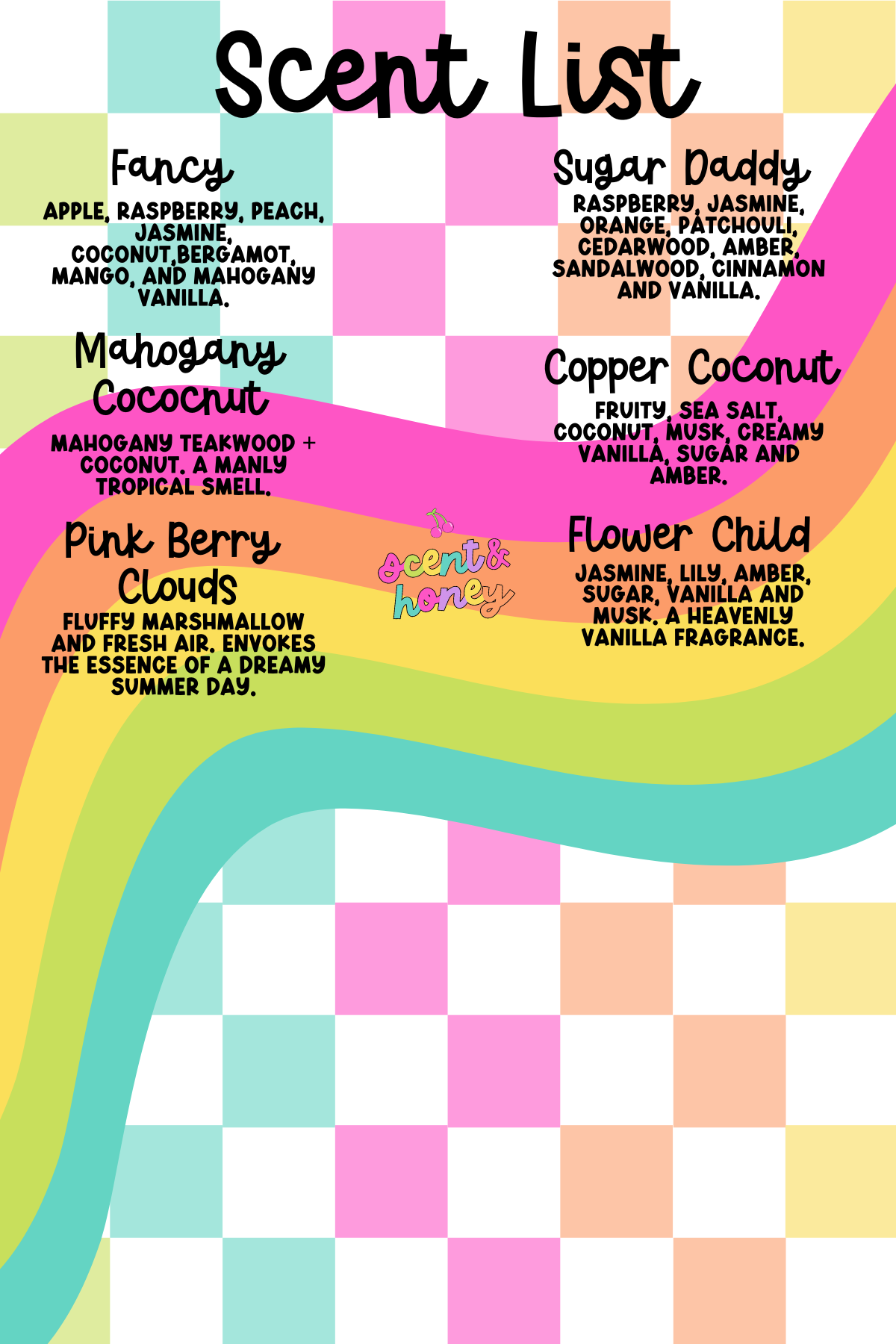 The image is a scent list with various scents listed in a colorful, checkered pattern.