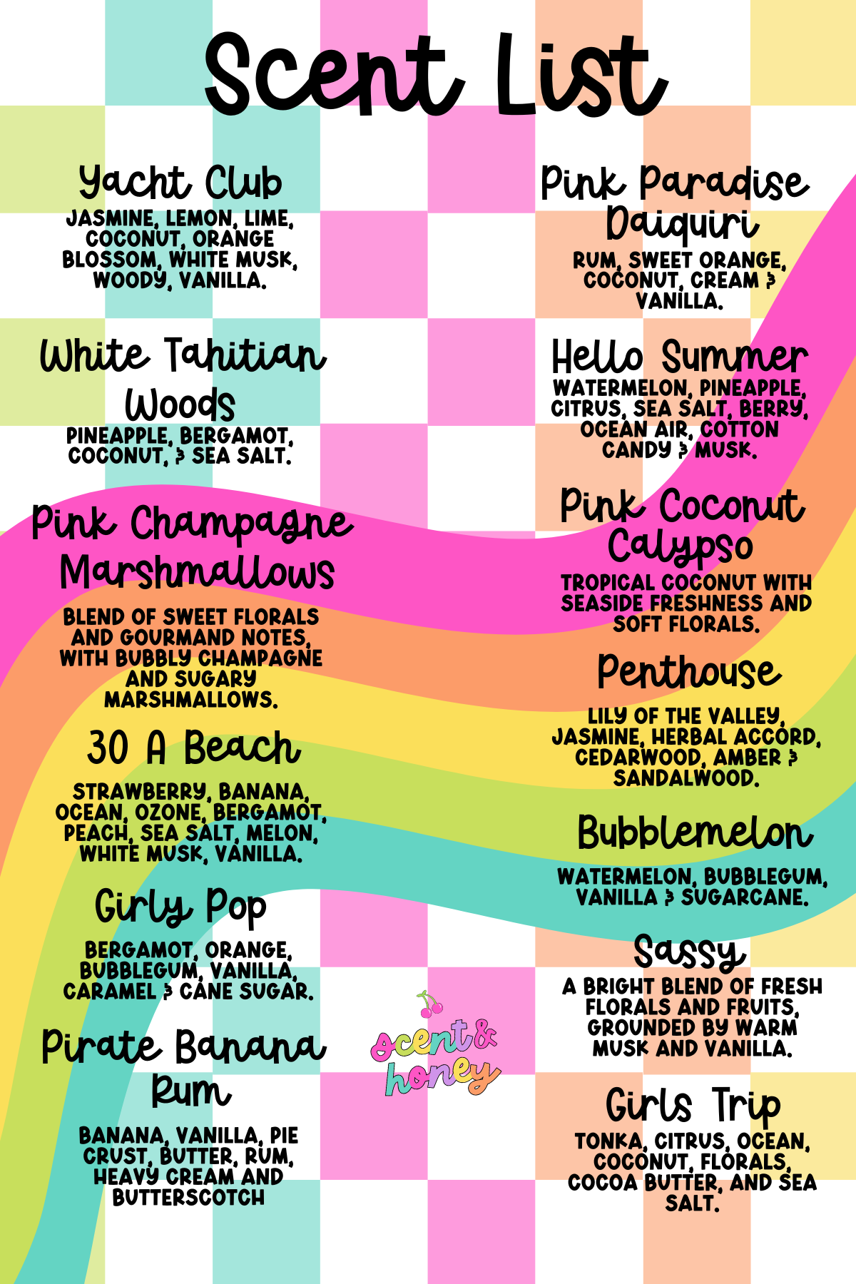 The image is a scent list featuring various scents, including Yacht Club, Pink Paradise, Daiquiri, White Tahiti, Pineapple Woods, White Tahiti, Pineapple Woods, Pink Champagne, Pink Coconut, Calypso, Penthouse, 30 A Beach, Strawberry/Banana, Berries/Orange, Caramel/Vodka, Caramel/Vodka, Vanilla, Bubblemelon, City, Girls Trip, and others.